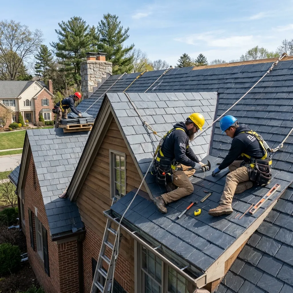 Roofing contractors working on residential roof