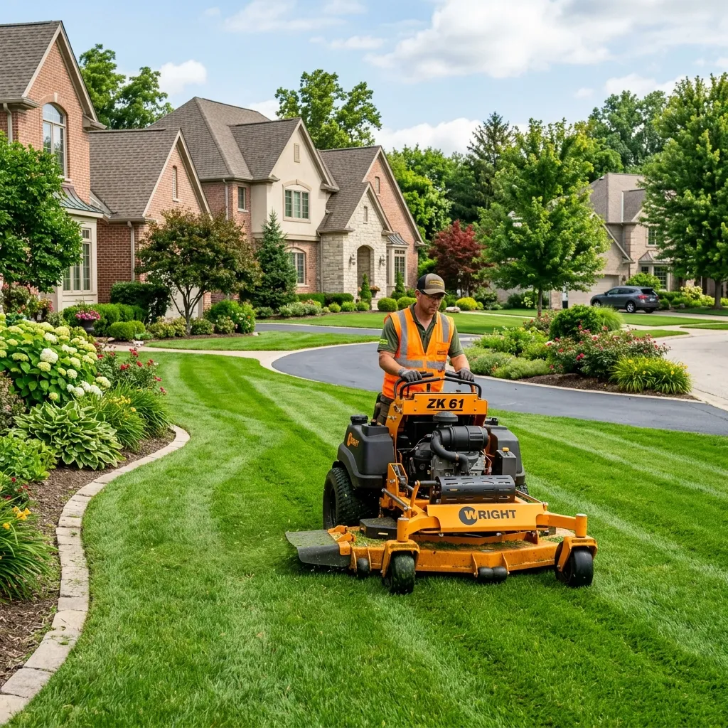 Landscaper mowing lawn in nice neighborhood